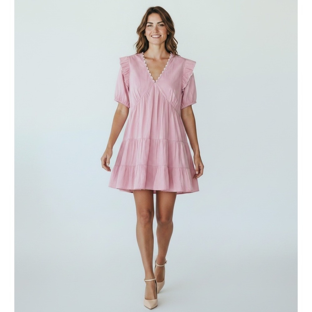 Simply Southern Ric-Rac Tiered Babydoll Dress Women M Pink Boho Ruffle Flowy NWT